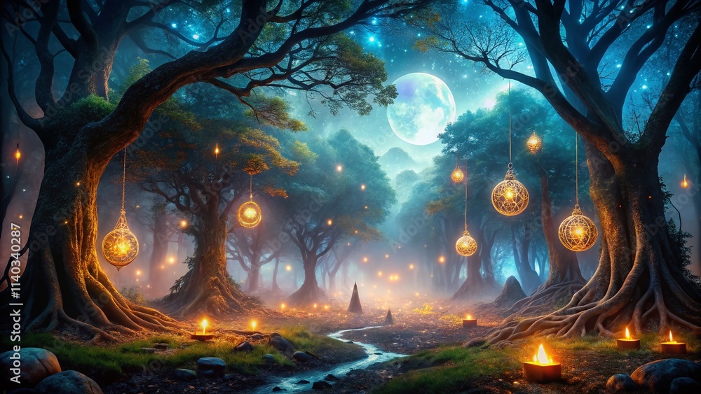 Fototapeta premium Dark Magical Night Photography: Mystical Forest, Spellcasting, Enchanted Night, Fantasy Background