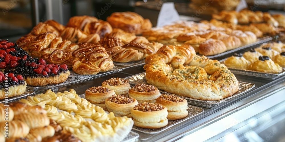 Assorted Turkish pastry products displayed at a bakery showcase, featuring traditional Turkish pastries like pogaca, borek, acma, and ay coregi, highlighting the rich Turkish pastry culture.