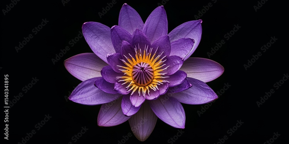 Stunning purple lotus flower captured from a top view on a contrasting black background, perfect for use as a background image showcasing the beauty of a purple lotus flower.