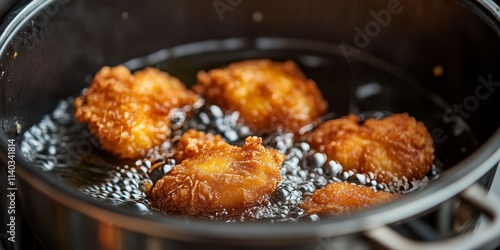 Broasted chicken is a unique method of cooking where it is battered and fried in oil using a pressure cooker, creating a deliciously crispy texture that defines broasted chicken. photo