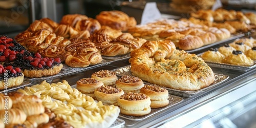 Obraz na płótnie Assorted Turkish pastry products displayed at a bakery showcase, featuring traditional Turkish pastries like pogaca, borek, acma, and ay coregi, highlighting the rich Turkish pastry culture. w salonie