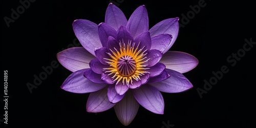 Obraz na płótnie Stunning purple lotus flower captured from a top view on a contrasting black background, perfect for use as a background image showcasing the beauty of a purple lotus flower. w salonie