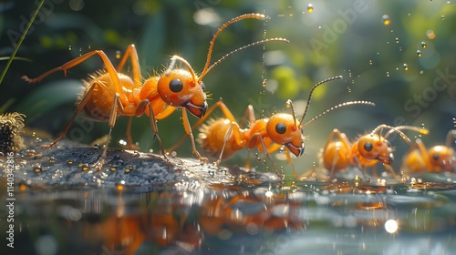 Team of ants fishing with rod teamwork.