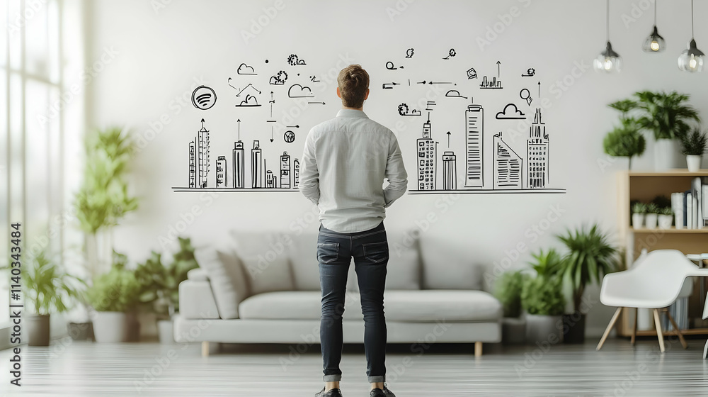 Illustration of Man Visualizing Cityscape Development Illustration of Man Visualizing Cityscape Development
