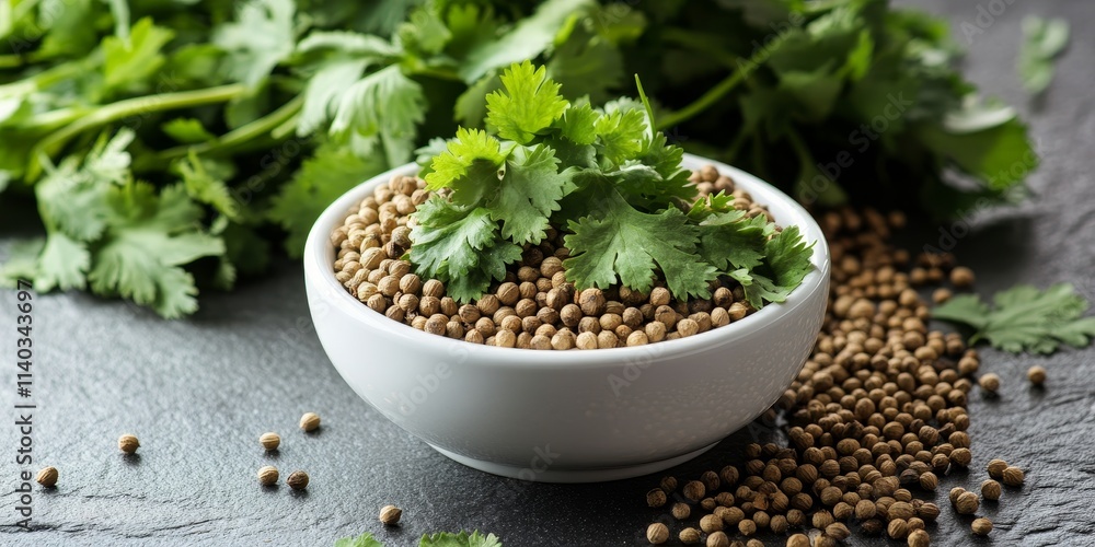 Dried and fresh cilantro leaves, along with coriander seeds, are displayed in a white bowl. The cilantro herb, favored in cooking, offers distinct flavors from fresh leaves and dried seeds. Dried and fresh cilantro leaves, along with coriander seeds, are displayed in a white bowl. The cilantro herb, favored in cooking, offers distinct flavors from fresh leaves and dried seeds.