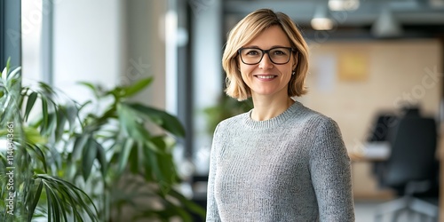 Social worker standing warmly in an office, ready to support individuals and families photo