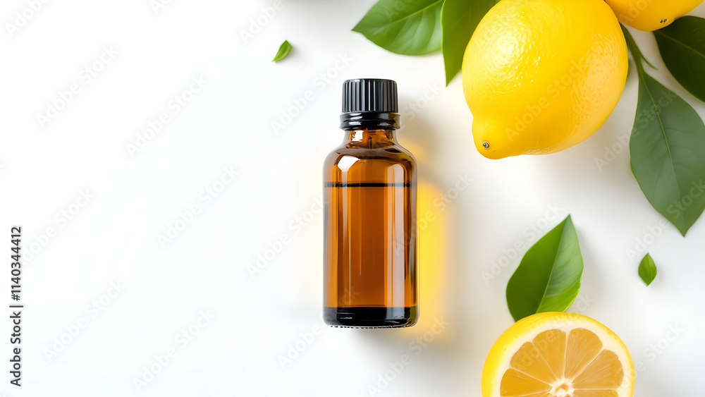An amber glass bottle of lemon essential oil, placed alongside fresh yellow lemons and green leaves on a white background. The image emphasizes the vibrant colors and realistic textures of the ingredi An amber glass bottle of lemon essential oil, placed alongside fresh yellow lemons and green leaves on a white background. The image emphasizes the vibrant colors and realistic textures of the ingredi