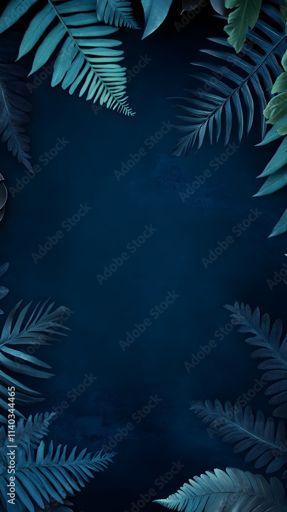 Dark blue background with fern leaves in the corners, empty center for text or product display, nature-inspired backdrop Dark blue background with fern leaves in the corners, empty center for text or product display, nature-inspired backdrop
