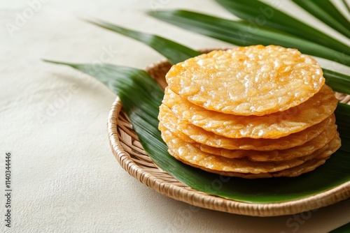 Rengginang Indonesian rice snacks on a plain background with room for text photo