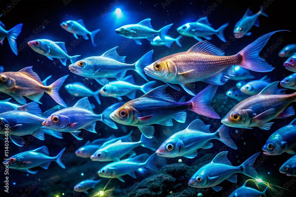 Fototapeta premium Deep Sea Fish Long Exposure Photography: Bioluminescent Creatures, Underwater World, Ocean Life, Abyssal Plain, Marine Biology