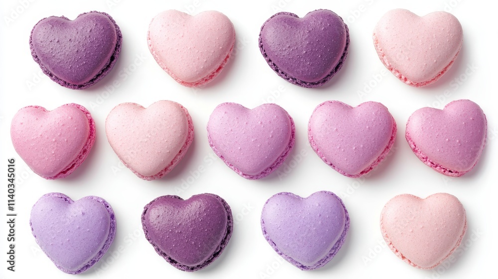 Obraz premium Pink Heart Sweet macarons isolated on a white background,Love romantic,Happy Valentines Day,Macaroons cake creative layout,Sweet collection and design element, Flat lay.