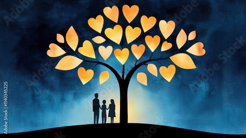 A family stands under a tree with heart-shaped leaves glowing warmly.