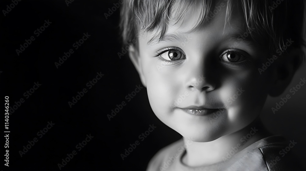Black and white portrait of a toddler with expressive eyes and a subtle smile. Black and white portrait of a toddler with expressive eyes and a subtle smile.