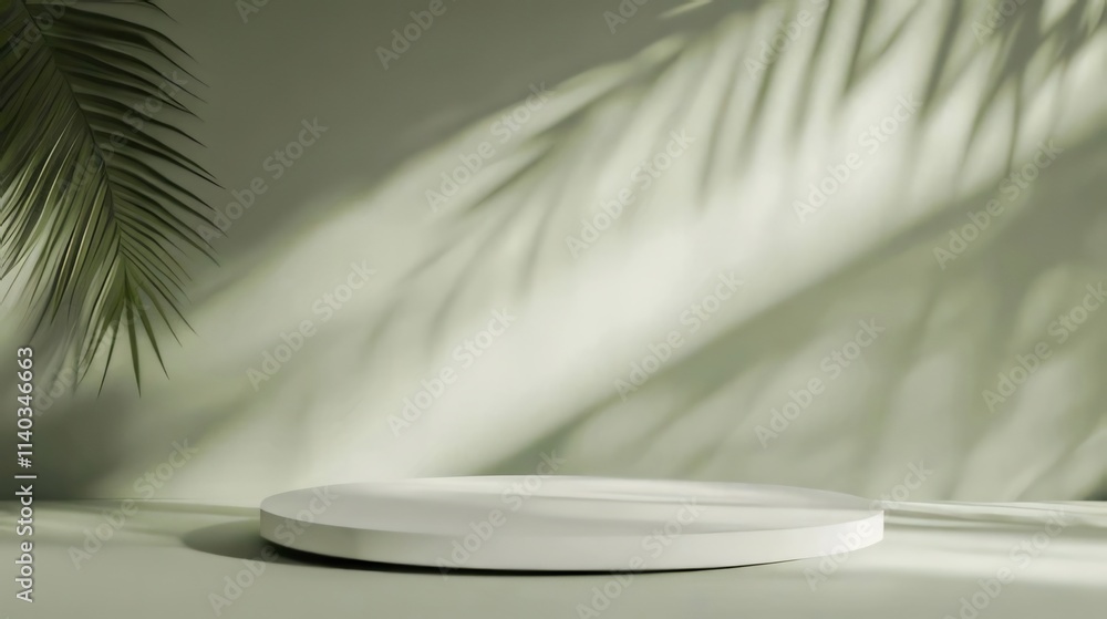 White round podium with palm leaf shadows on a green background. White round podium with palm leaf shadows on a green background.