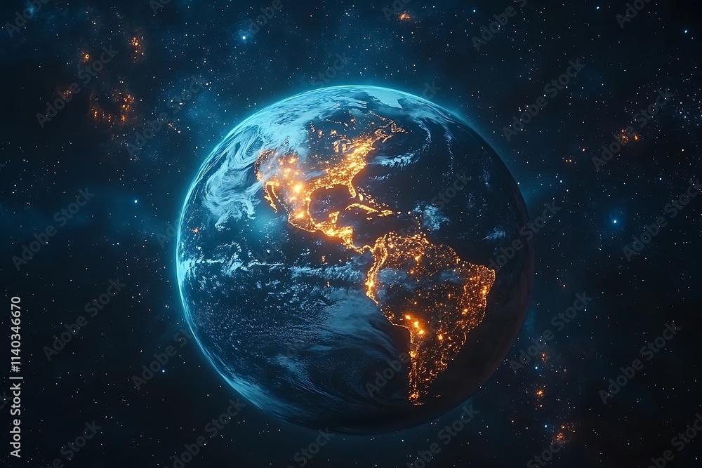 Fototapeta premium Earth at Night with City Lights and Stars
