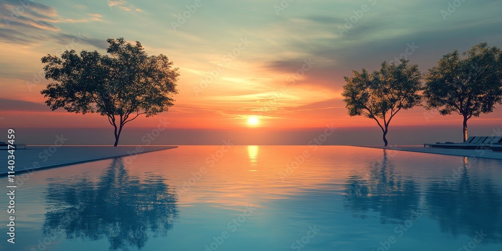 Naklejka premium Sunrise reflection on a tranquil pool showcases the beauty of still water. The serene sunrise enhances the peaceful atmosphere of the resort pool, creating a captivating visual experience.