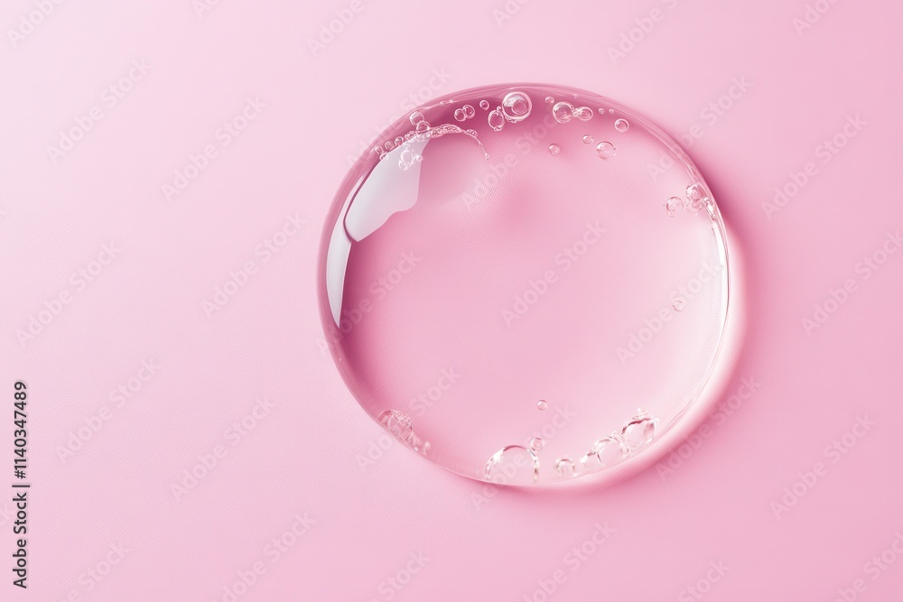 Round textured serum oil sample on a pink background contains hyaluronic acid retinol and collagen for cosmetic use Round textured serum oil sample on a pink background contains hyaluronic acid retinol and collagen for cosmetic use