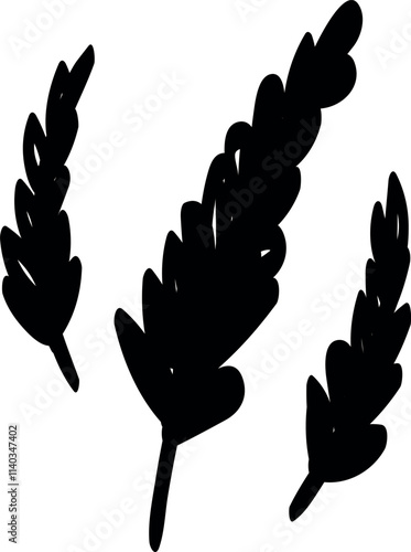 Three black silhouettes of wheat stalks in a simple, stylized manner with no additional details or background elements.
