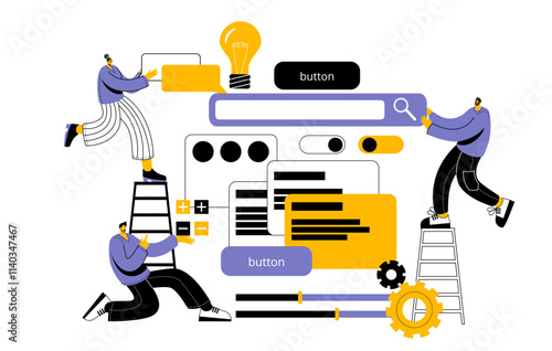 A team of developers, managers and designers creates a mobile app. The concept of a vector illustration in a cartoon on the theme of mobile app development.