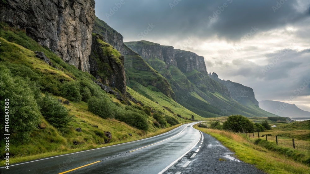 Naklejka premium Wet asphalt road winding through a picturesque valley, flanked by towering cliffs and lush green slopes under a cloudy sky, creating a dramatic and scenic landscape in iceland