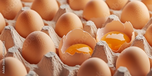 Carton packaging for eggs featuring broken eggshells and eggs displayed on a light background, emphasizing the organic concept of egg production and eco friendly packaging. photo