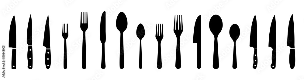 Knife icon. Set different fork, spoon and knife icons sign. Silverware icons. Logotype menu. Menu symbol. Black silverware icon. Vector illustration. Knife icon. Set different fork, spoon and knife icons sign. Silverware icons. Logotype menu. Menu symbol. Black silverware icon. Vector illustration.