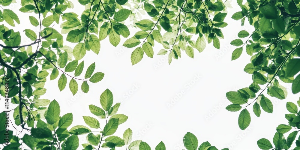 Vibrant green leaves on a white background during the spring season create a peaceful atmosphere in nature, inviting relaxation and contemplation amidst the beauty of the trees. Vibrant green leaves on a white background during the spring season create a peaceful atmosphere in nature, inviting relaxation and contemplation amidst the beauty of the trees.