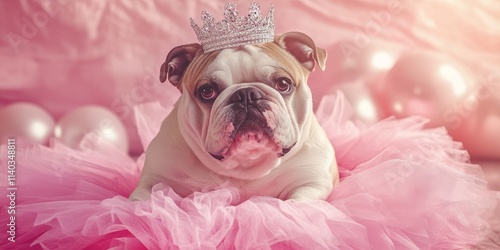 A cute bulldog in a pink tutu and a princess tiara exudes charm, enhanced by a retro vintage Instagram filter effect, perfect for showcasing the adorable bulldog s playful style. photo