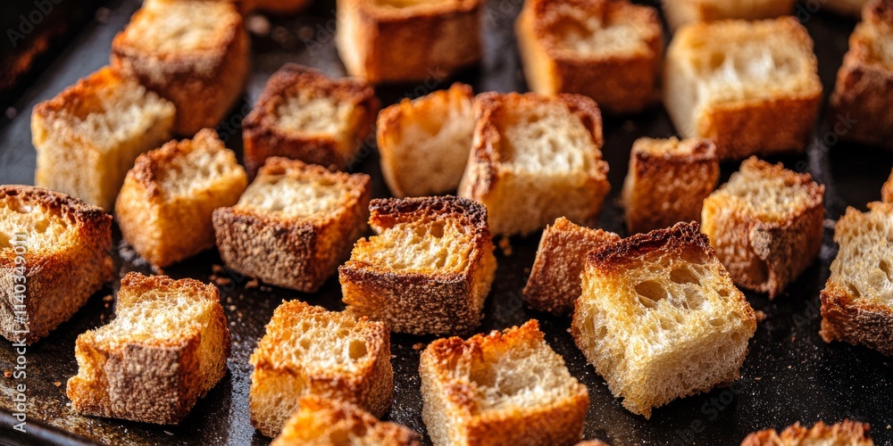 Baked bread croutons cut into cubes showcase a creative use of old bread, promoting no waste food practices. This high angle view highlights the delicious, crunchy bread croutons ideal for meals. Baked bread croutons cut into cubes showcase a creative use of old bread, promoting no waste food practices. This high angle view highlights the delicious, crunchy bread croutons ideal for meals.