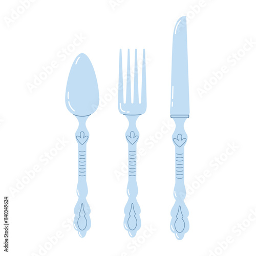 Classic steel cutlery set for table setting. Kitchen utensils for eating. Vector illustration