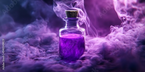 Violet colored smoke bottle filled with magical liquid, representing a witch s mystical concoction of vibrant purple hues and enchanting essence, ideal for fantasy themed visuals. photo