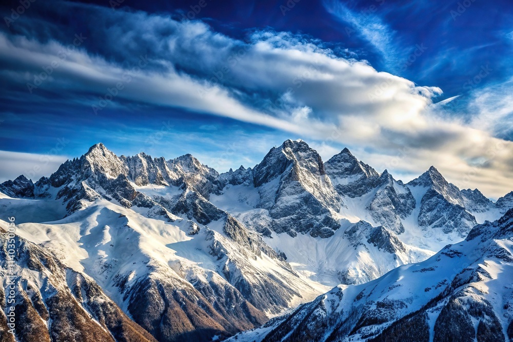 Snow-covered mountain range with sky in background shot from low angle Snow-covered mountain range with sky in background shot from low angle