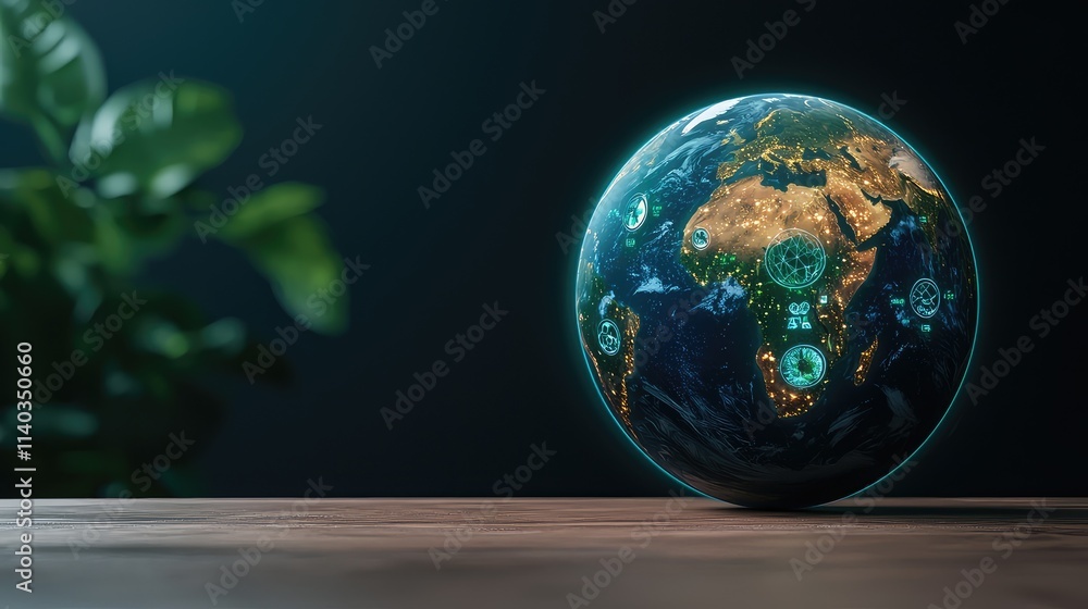 Fototapeta premium Environmetal Stakeholder engagement Biodiversity Glowing globe on a wooden surface with a plant in the background.