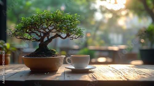 Serene Cafè Scene Featuring Coffee and Bonsai Plant in Soft Morning Light