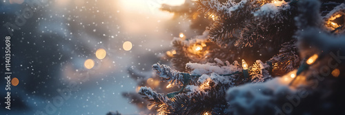 Dreamy Holiday Background with a Snow-Dusted Xmas Tree and Soft Winter Lighting. photo