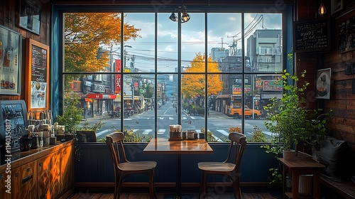 Cozy Coffee Shop Overlooking a Vibrant Autumn Urban Street View