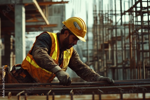 A construction worker in a safety vest and helmet diligently prepares rebar for a building project under afternoon sunlight in an urban area. Generative AI