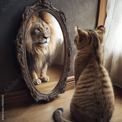 Reflections of Ambition, A Cat Dreaming of a Lion For Self Development, Small Cat, Big Dreams photo