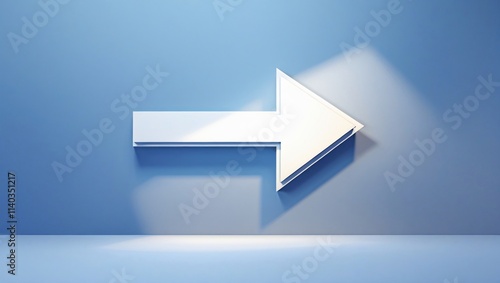 A clean and minimalist image featuring a white arrow pointing to the right on a blue wall. 