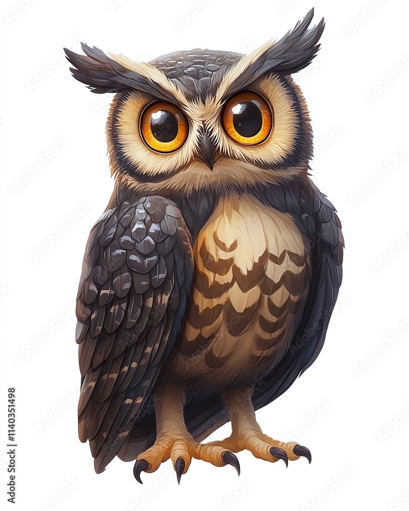 Fototapeta premium a realistic cartoon illustration of a wise owl perched upright with big eyes and sharp feathers, isolated on white, full-frame, sharp focus.