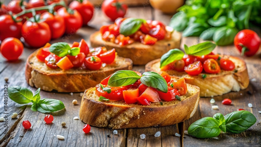 Delicious Spicy Bruschetta Recipe: Close-Up Photo of Toasted Italian Bread with Tomatoes, Basil & Spices on Wooden Background Delicious Spicy Bruschetta Recipe: Close-Up Photo of Toasted Italian Bread with Tomatoes, Basil & Spices on Wooden Background