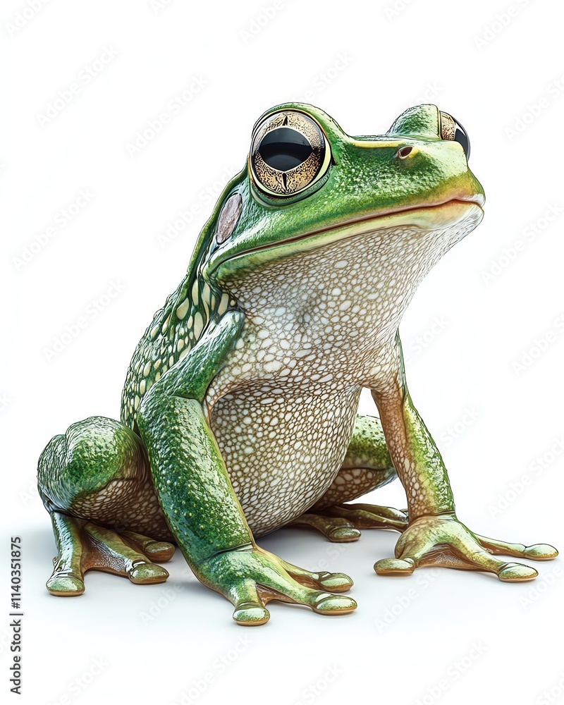 Obraz premium a realistic cartoon illustration of a lively frog sitting on its hind legs, bright green with detailed skin texture, isolated on a white background.
