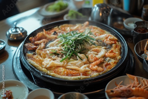 Seafood and water parsley pancake with green onions Korean dish