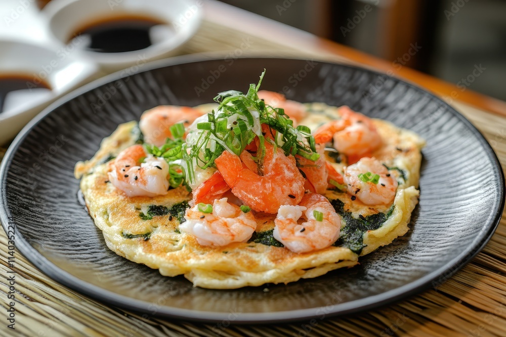 Seafood pancake Haemul Pajeon showcased on a plate highlighting its texture and colors from a restaurant angle emphasizing the ingredients Seafood pancake Haemul Pajeon showcased on a plate highlighting its texture and colors from a restaurant angle emphasizing the ingredients