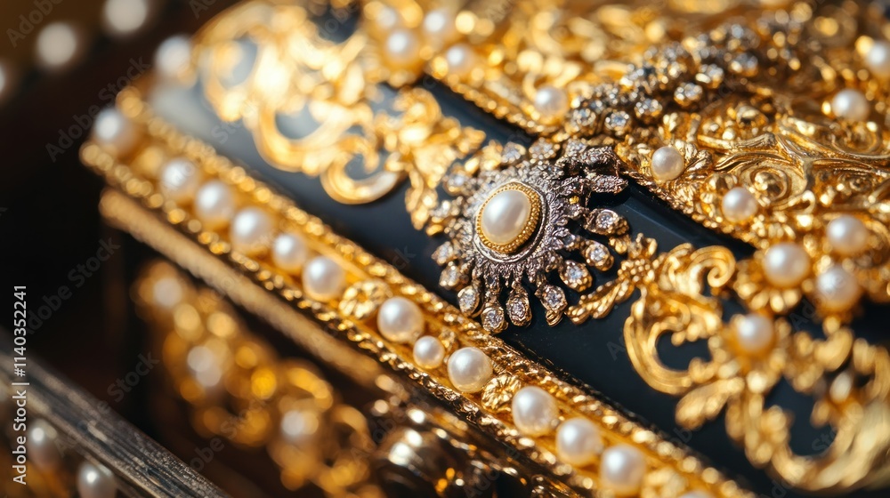 Jewelry box with stylish golden bijouterie closeup view Jewelry box with stylish golden bijouterie closeup view