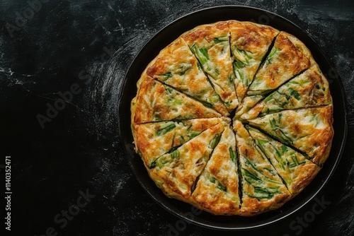 Seafood scallion pancake on dark surface photo