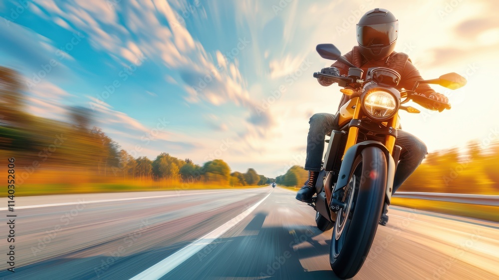 A motorcyclist speeds down a scenic highway at sunset, capturing the thrill of freedom and adventure on a powerful bike. A motorcyclist speeds down a scenic highway at sunset, capturing the thrill of freedom and adventure on a powerful bike.