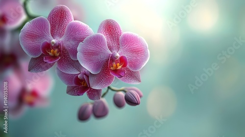 A bunch of pink and white orchid flowers are hanging from a branch