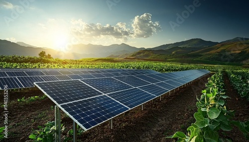 A serene landscape featuring solar panels in a vineyard, with mountains and a beautiful sunset in the background, highlighting sustainable energy. photo