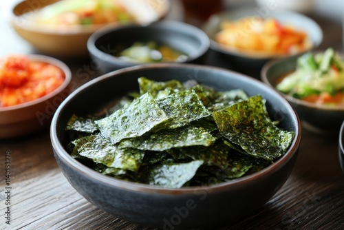 Seaweed chips Gim Bugak served with traditional Korean sikhye and sujeonggwa photo